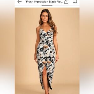 Lulu's Fresh Impressions Black and White Slit Midi Dress